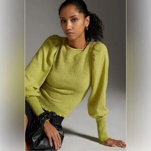 Anthropologie Smocked Long Sleeve Puff Sleeves Green Ruched Top Size Medium